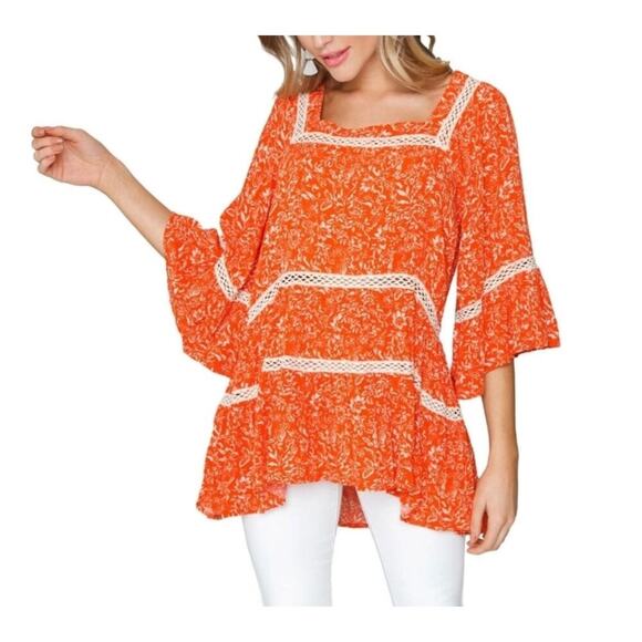 Free People Talk About It Tunic Top Bell Sleeves Orange Floral Size Medium - Picture 1 of 12